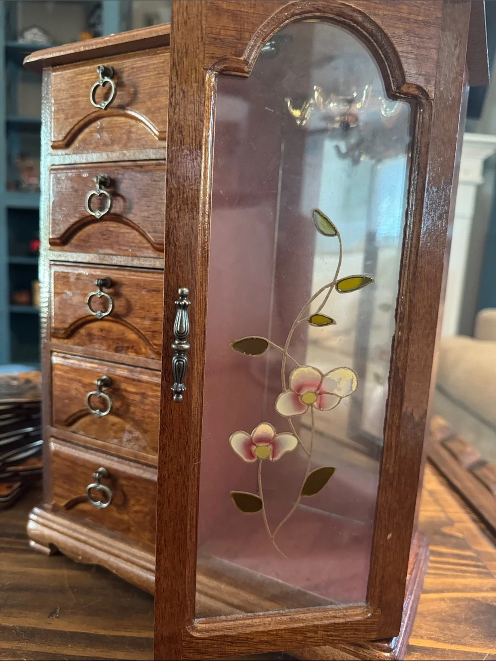 Wood Finish Jewelry Armoire with Floral Glass Door